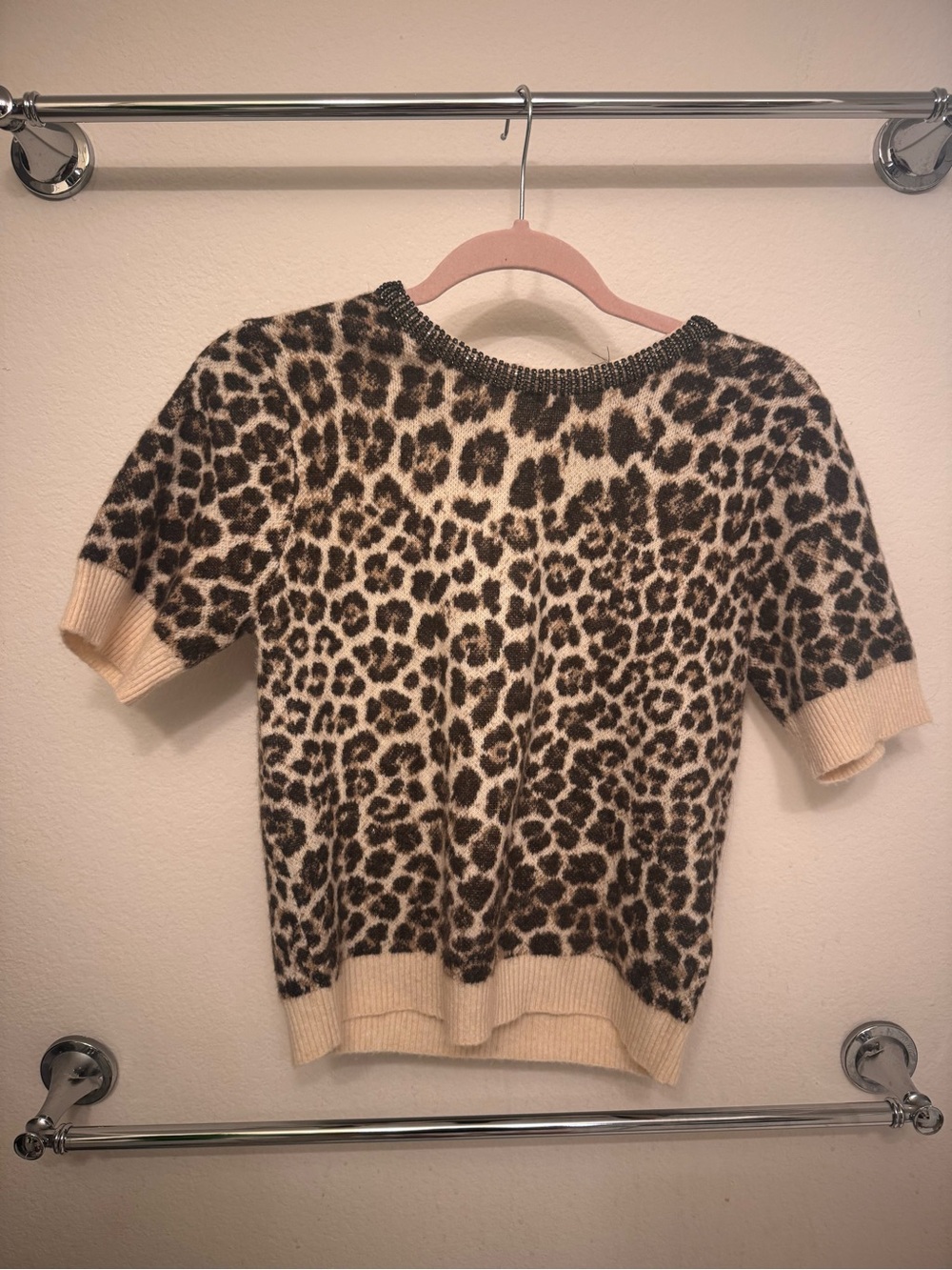 Zara Leopard Print Short Sleeve Sweater - Cream and Brown